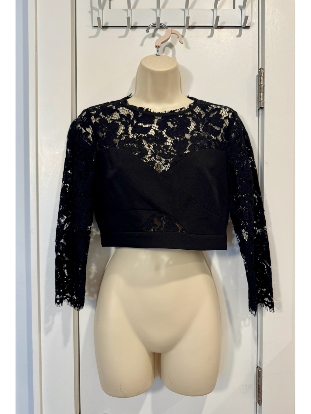 Marciano Black Lace Crop Top with Long Sleeves - Size S